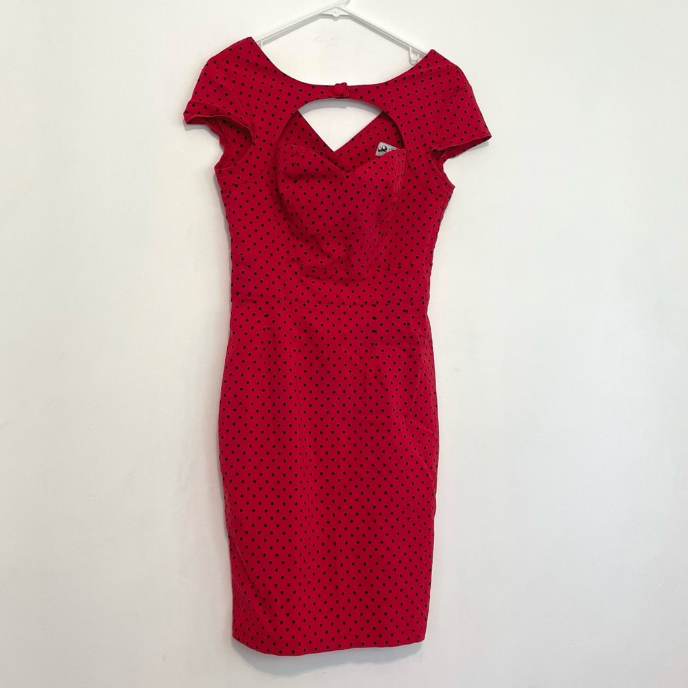HELL BUNNY VIXEN Sandy Pencil Dress Red Polka Dot Retro Rockabilly Pinup US M 10 - Picture 2 of 16